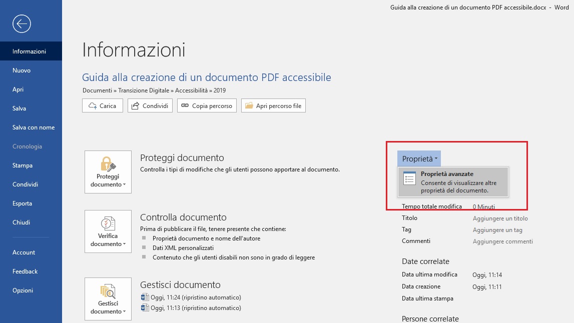 Questa immagine mostra come aggiungere le proprietà al documento se si utilizza Microsoft Word