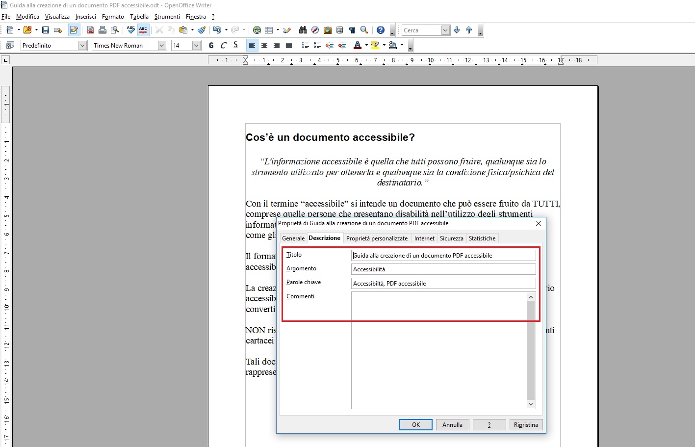 Questa immagine mostra come aggiungere le proprietà al documento se si utilizza OpenOffice Writer