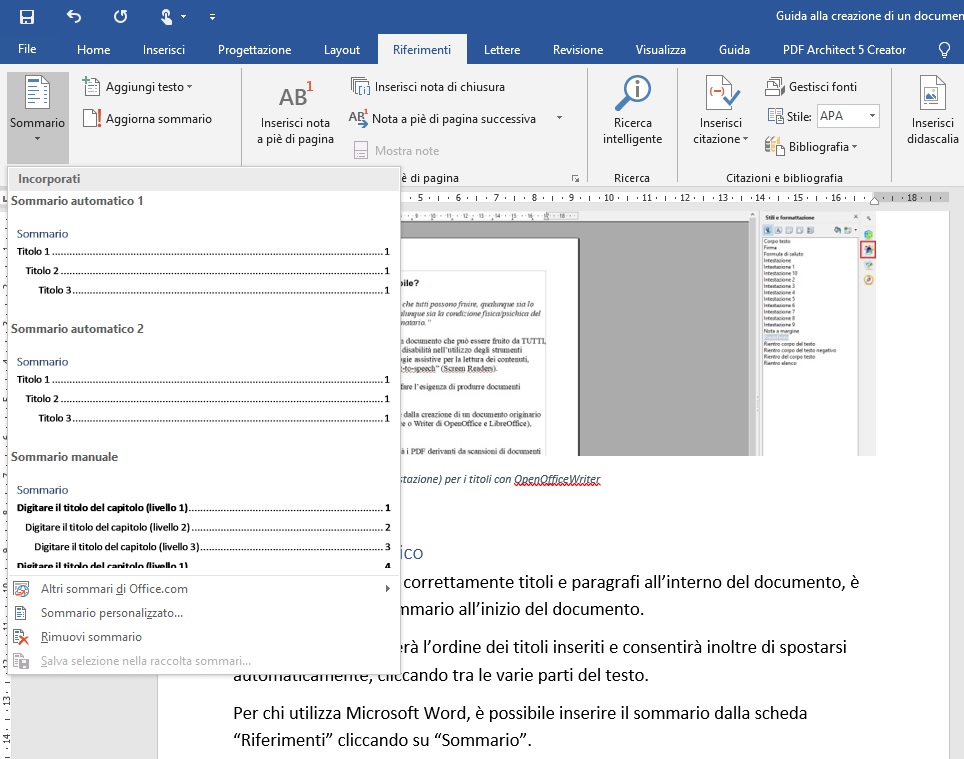 Questa immagine mostra come inserire il sommario all'inizio di un documento creato con Microsoft Word 