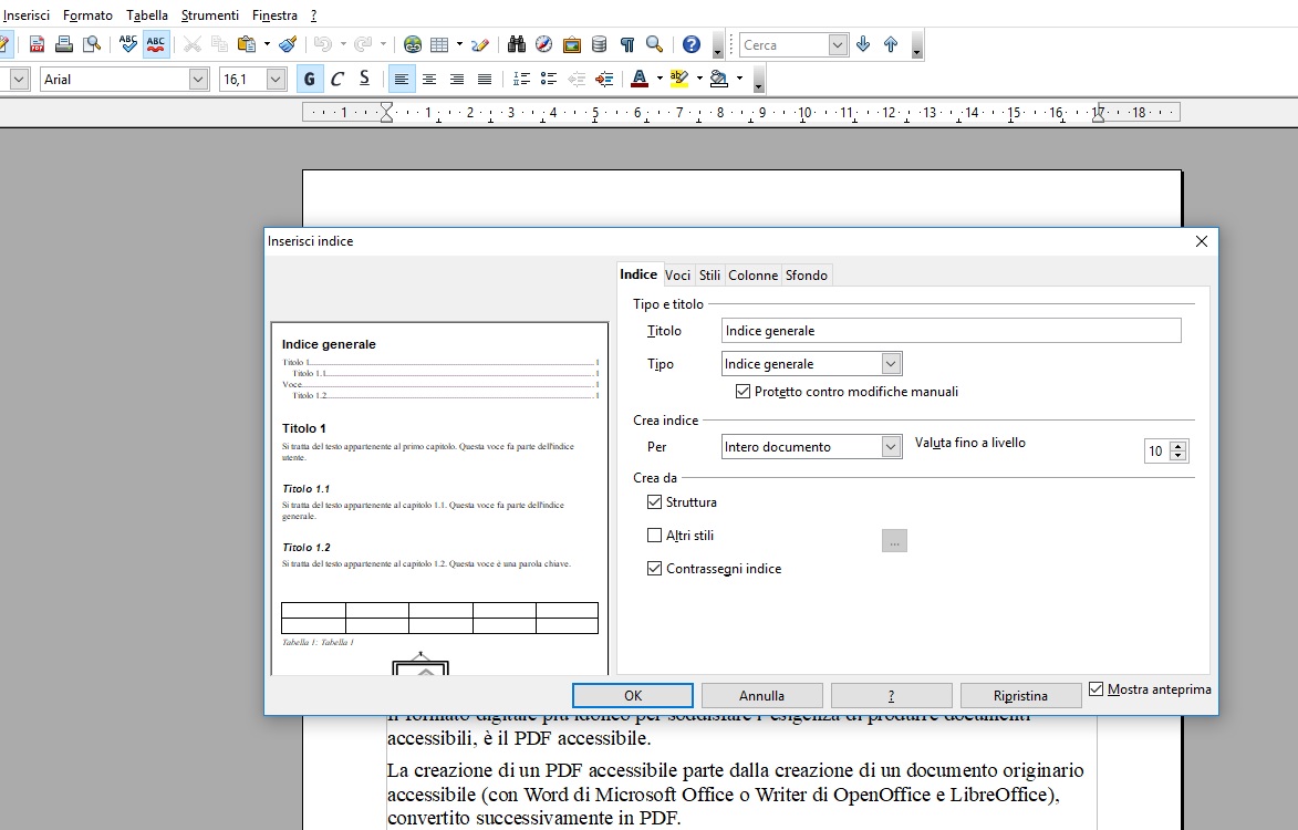 Questa immagine mostra come inserire l'indice all'inizio di un documento creato con OpenOffice Writer