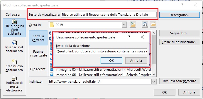 Questa immagine mostra come creare un collegamento ipertestuale in Microsoft Word