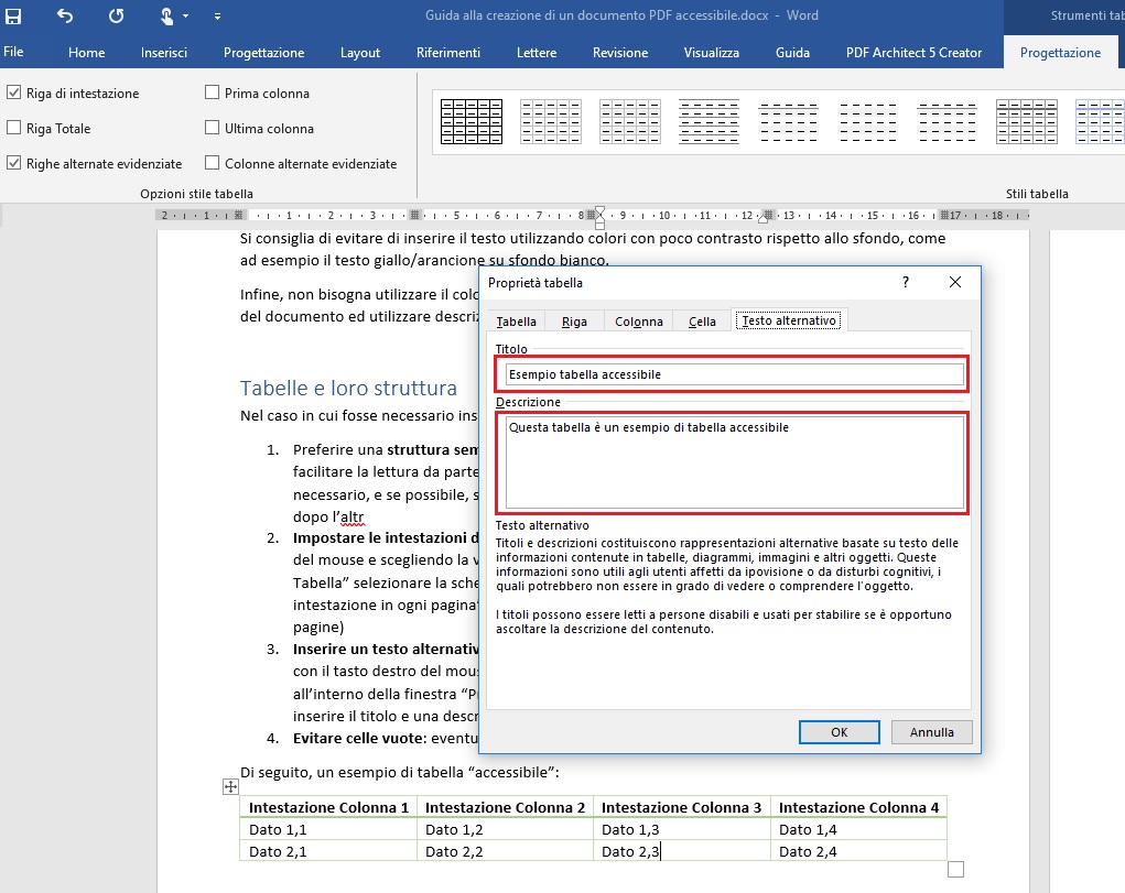 Questa immagine mostra come inserire titolo e descrizione in una tabella con Microsoft Word