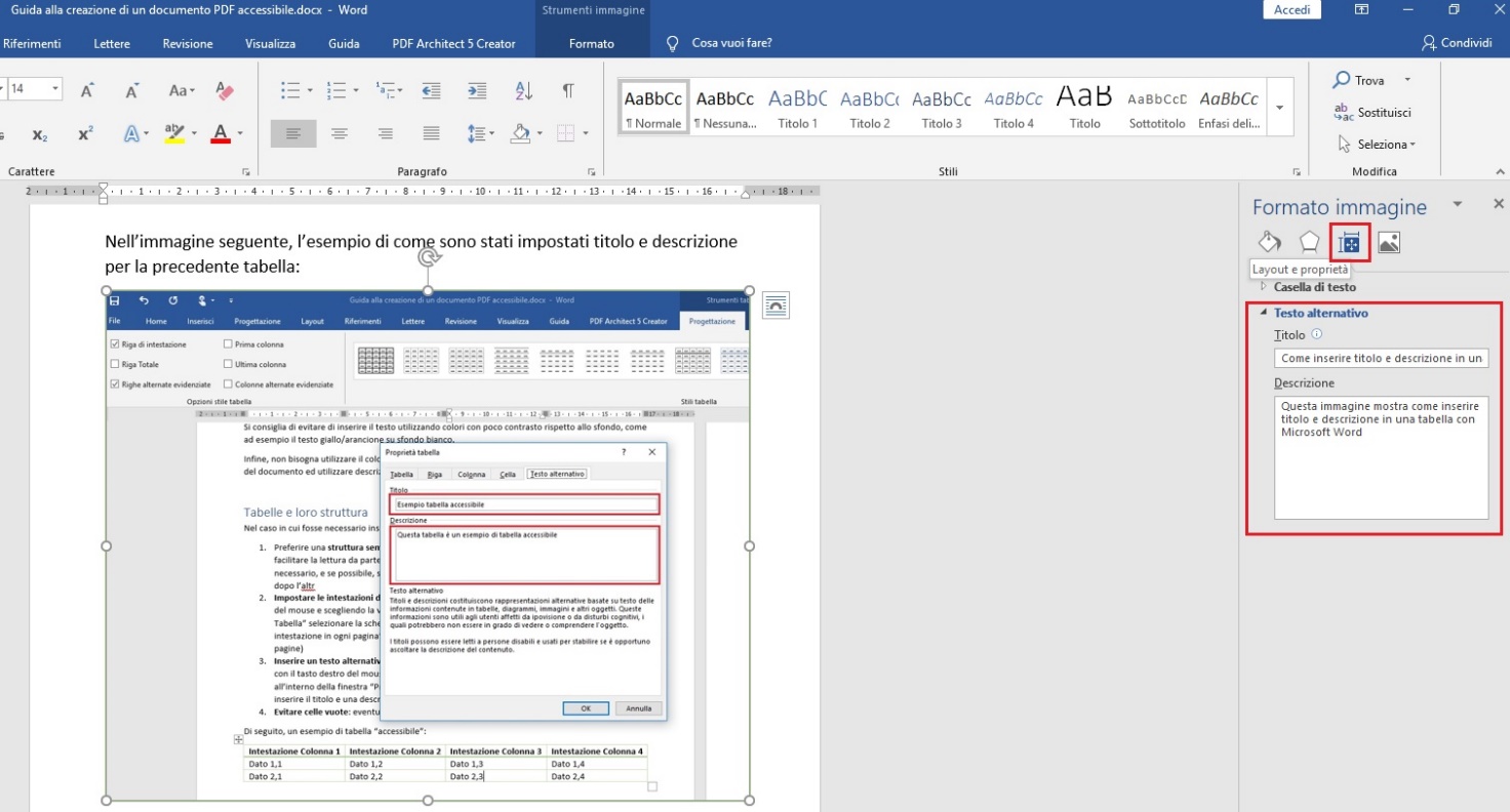 Questa immagine mostra come inserire i testi alternativi su un'immagine con Microsoft Word