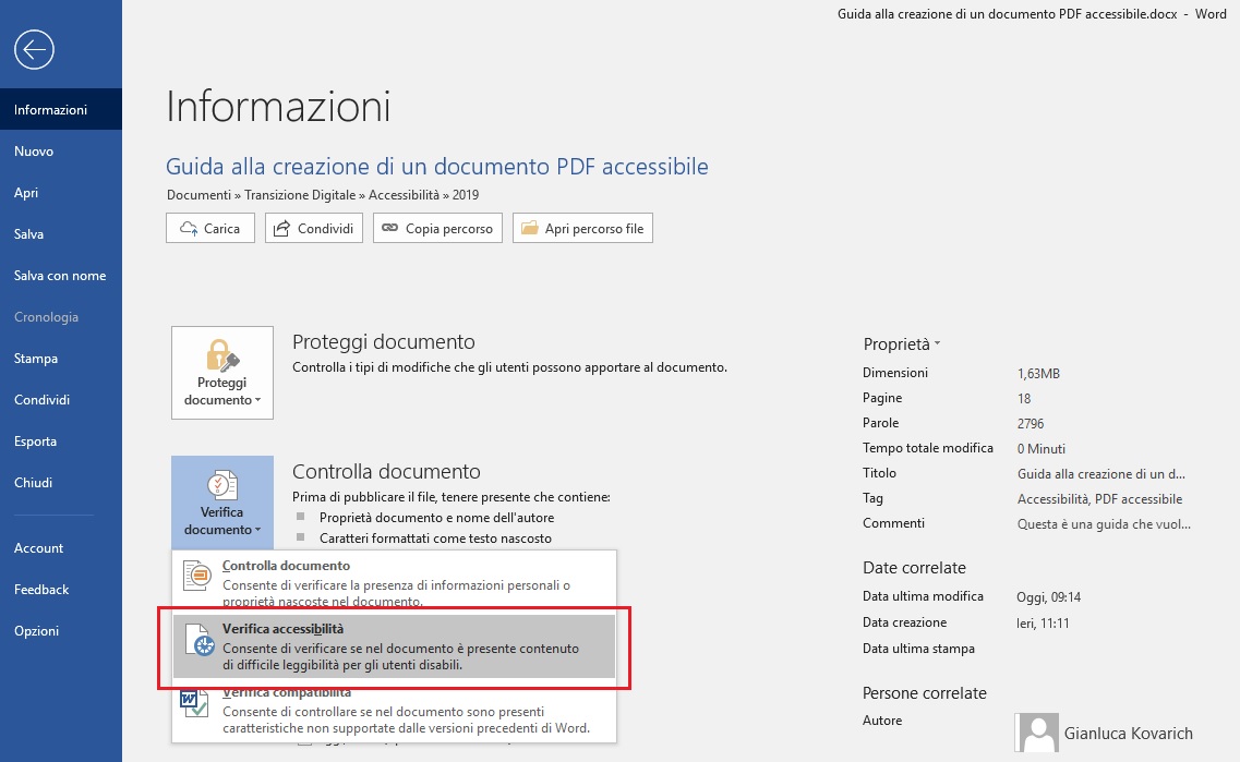 Questa immagine mostra come verificare l'accessibilità di un documento con Microsoft Word