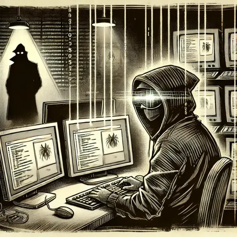 DALL·E 2025-02-07 15.40.06 – A hand-drawn, noir-style illustration featuring a hacker in a dimly lit room, surrounded by multiple monitors displaying spyware infiltration data. Th