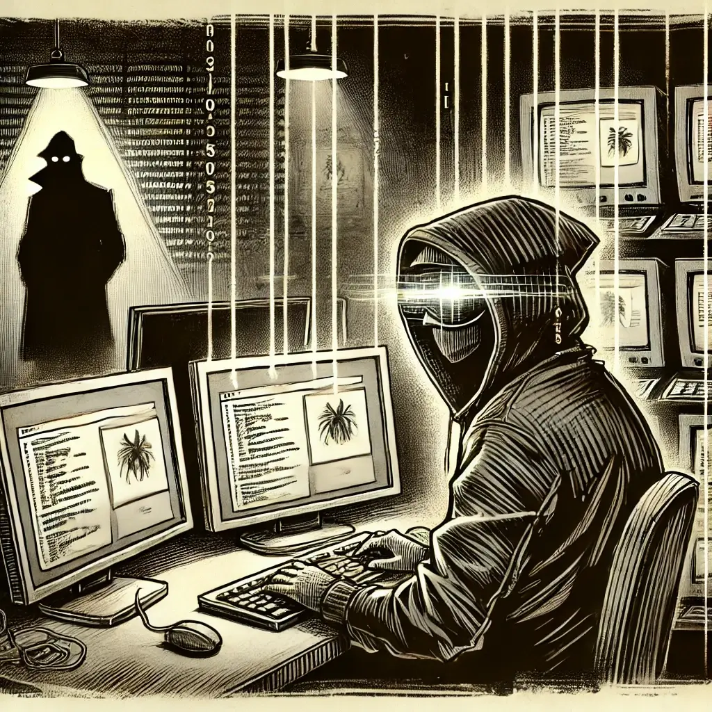 DALL·E 2025-02-07 15.40.06 – A hand-drawn, noir-style illustration featuring a hacker in a dimly lit room, surrounded by multiple monitors displaying spyware infiltration data. Th