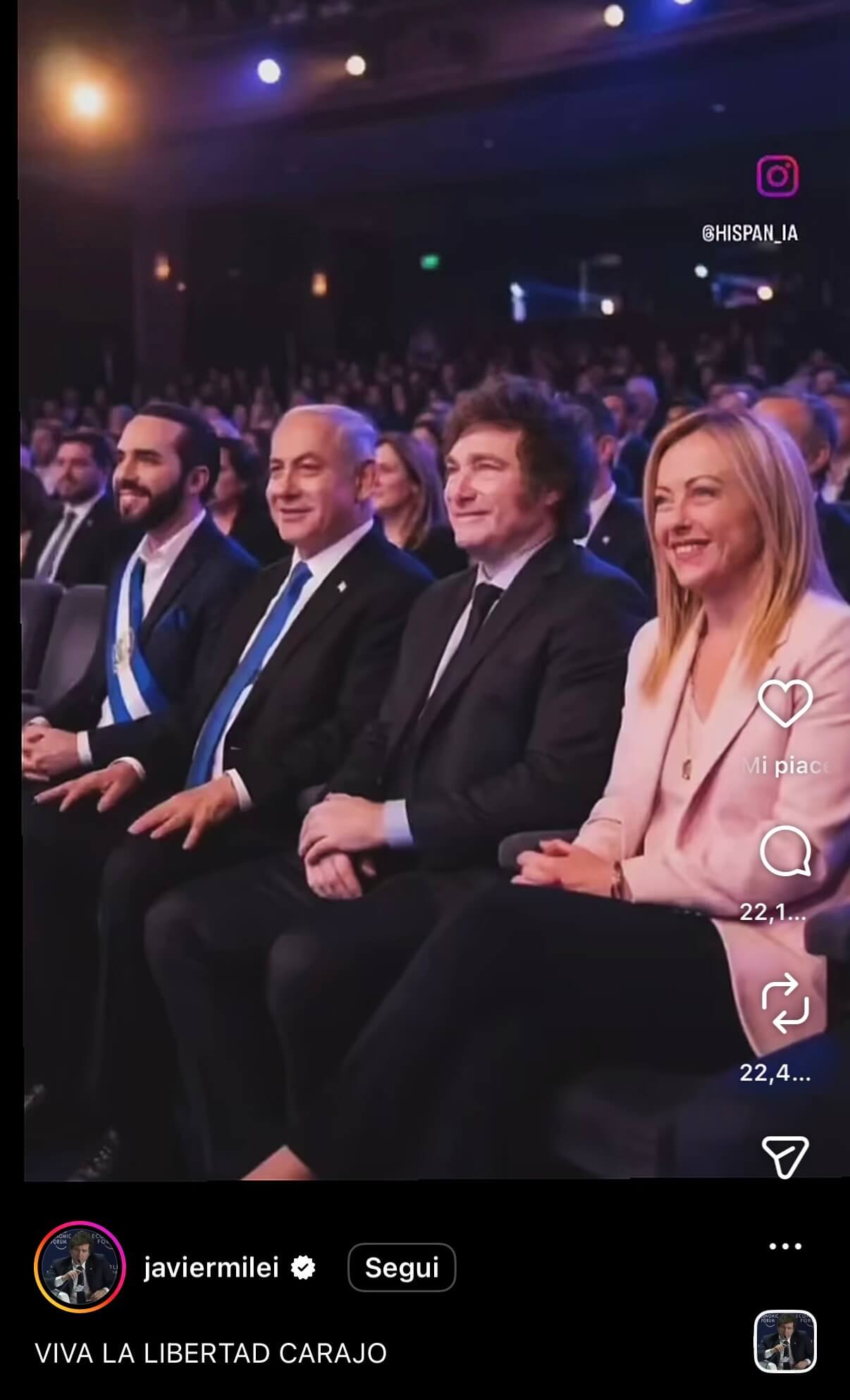 Screenshot di AgendaDigitale.eu dal video deepfake pubblicato sull'account ufficiale del presidente dell'Argentina Javier Milei, in cui compare anche l'immagine di Giorgia Meloni.
