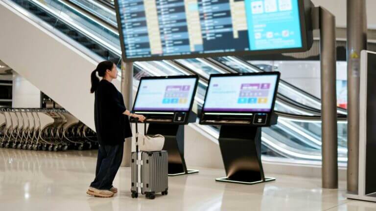 Traveler,At,Self-service,Kiosk,In,Modern,Airport,Terminal