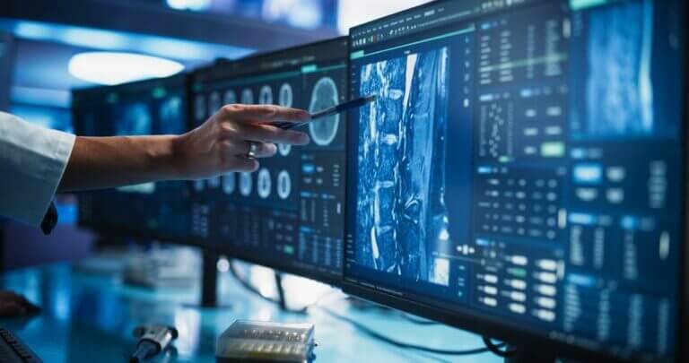 Modern,Cancer,Research,Medical,Center:,Anonymous,Doctor,Pointing,At,Desktop
