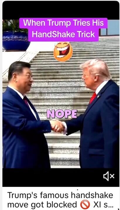 Chinamaxxing, Xi Jinping, Trump, TikTok, Screenshot dal reel di un utente di TikTok sulla stretta di mano tra il presidente cinese Xi Jinping e il presidente statunitense Donald Trump