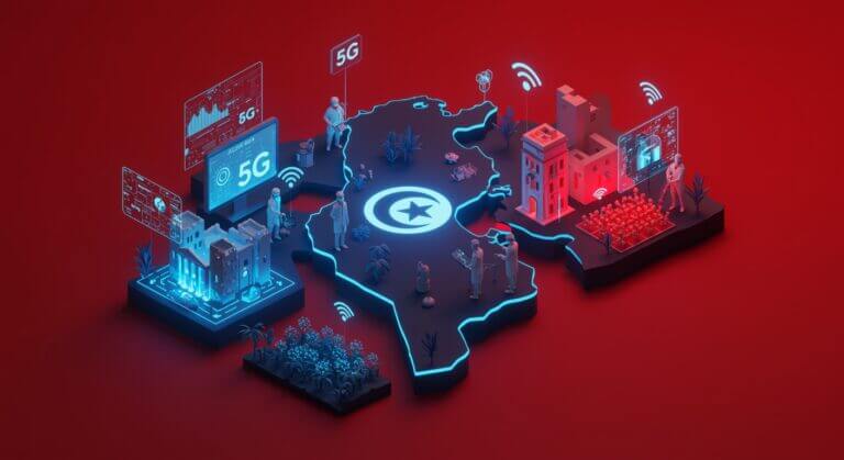 Isometric,Perspective,,3d,Futuristic,Glowing,Map,Of,Tunisia,,Vibrant,Neon