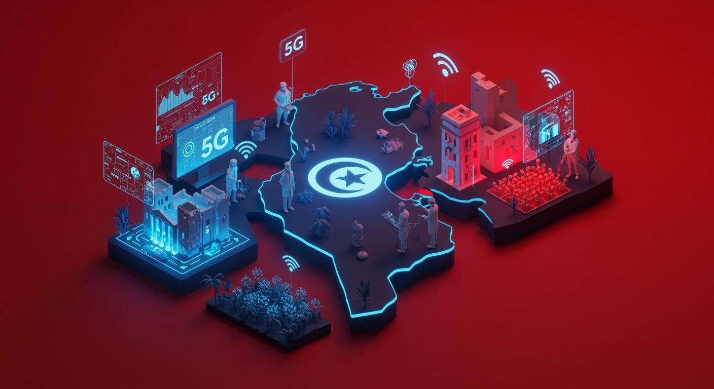 Isometric,Perspective,,3d,Futuristic,Glowing,Map,Of,Tunisia,,Vibrant,Neon