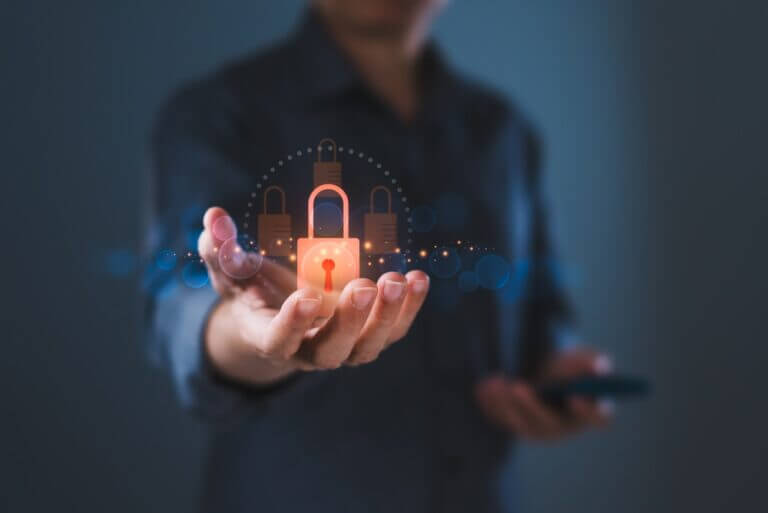 Business,Professional,Presenting,A,Digital,Lock,Symbol,Representing,Cybersecurity,,Data