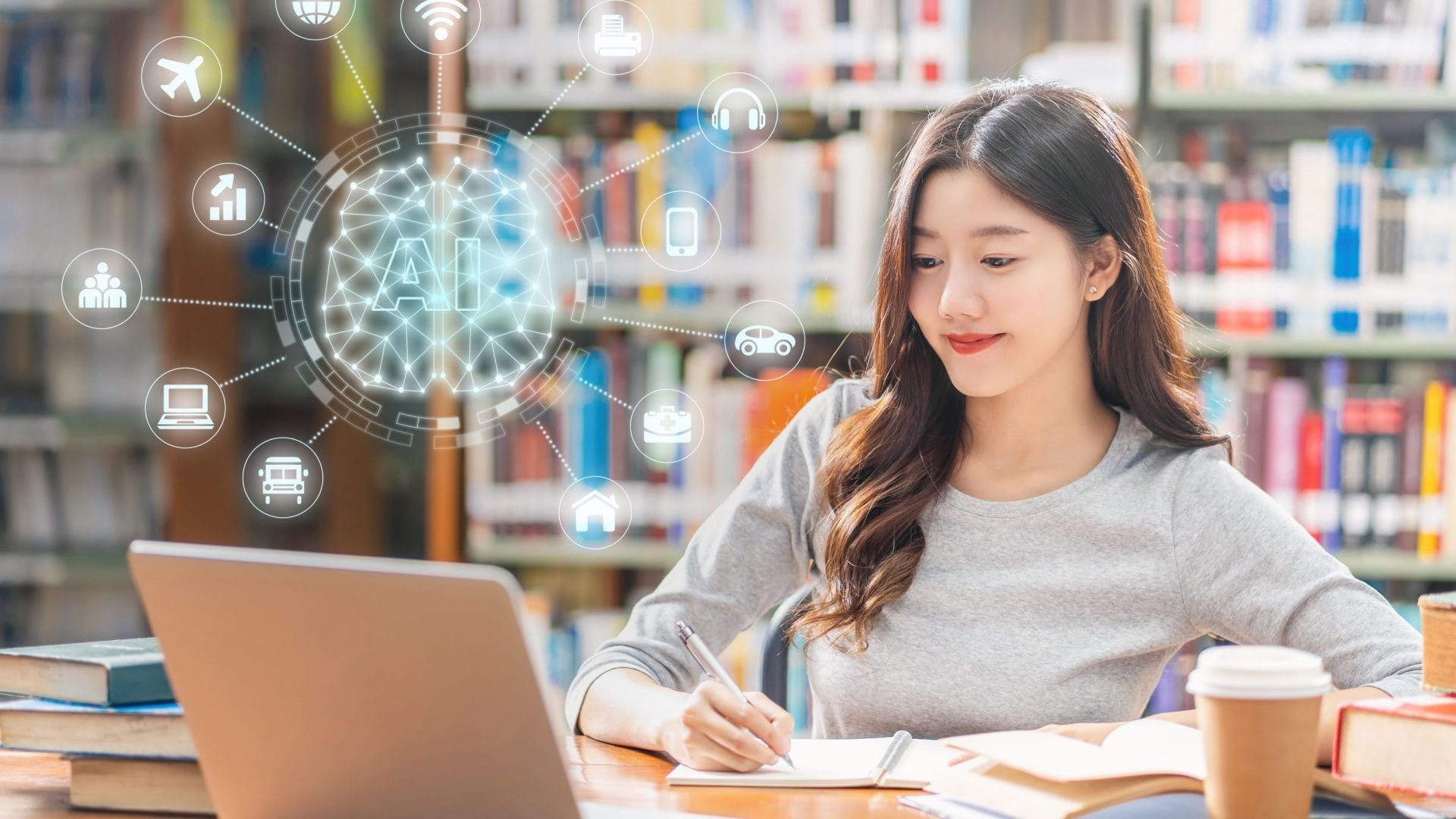 AI generativa e lavoro ibrido: donna al computer su cui si vede un cervello digitale da cui si dipanano icone di attività