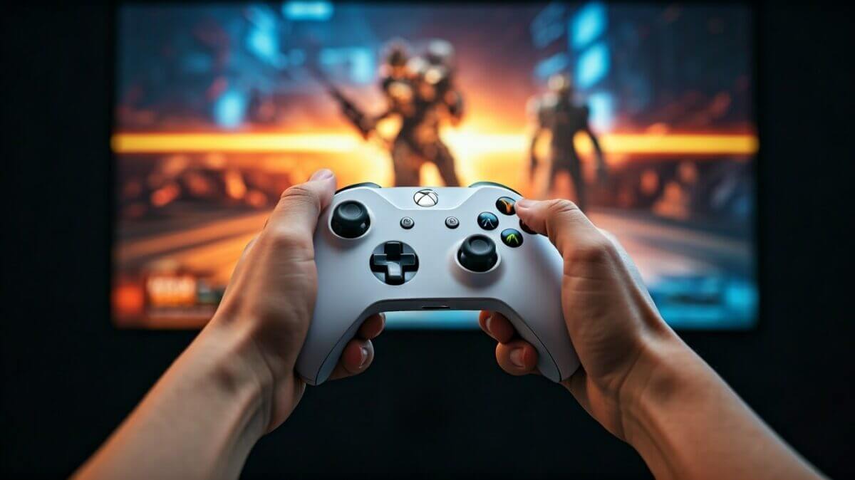 Hands,Holding,White,Xbox,Control,In,Front,Of,Screen