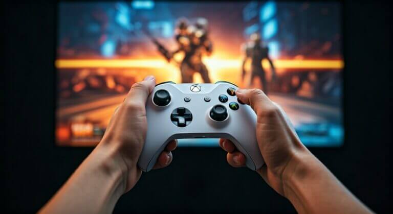 Hands,Holding,White,Xbox,Control,In,Front,Of,Screen