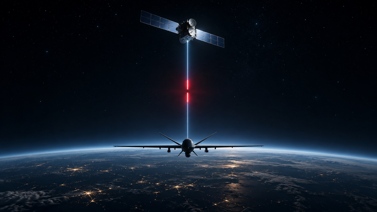 Drone collegato a un satellite da un segnale interrotto, simbolo del tecnocontrollo