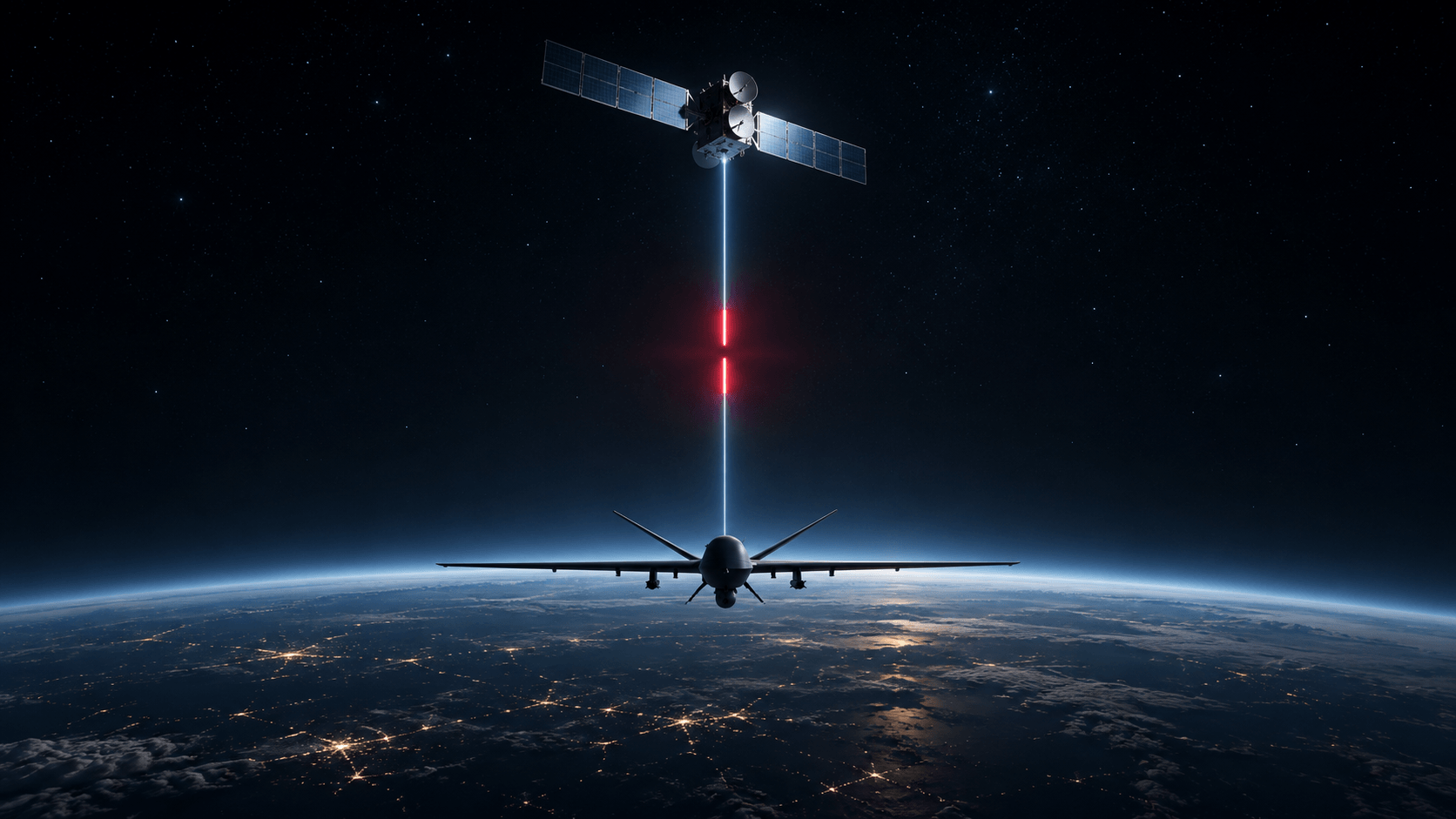 Drone collegato a un satellite da un segnale interrotto, simbolo del tecnocontrollo